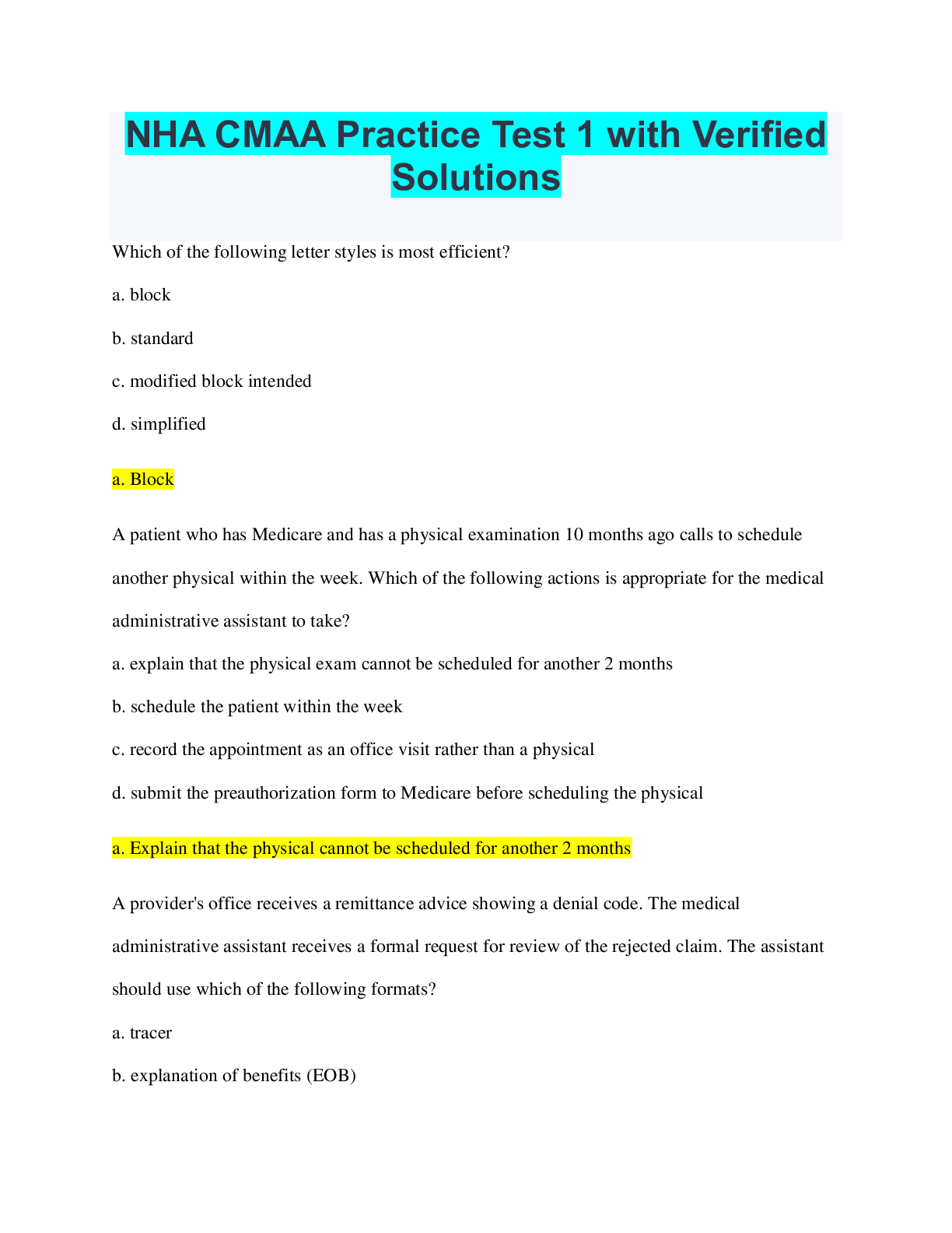 Preview image of NHA CMAA Practice Test 1 with Verified Solutions document